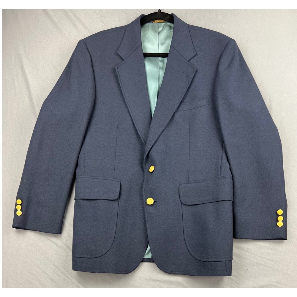 Stafford Blazer Mens 38S Worsted Wool Navy Blue Gold Crest Button Sport Coat EX